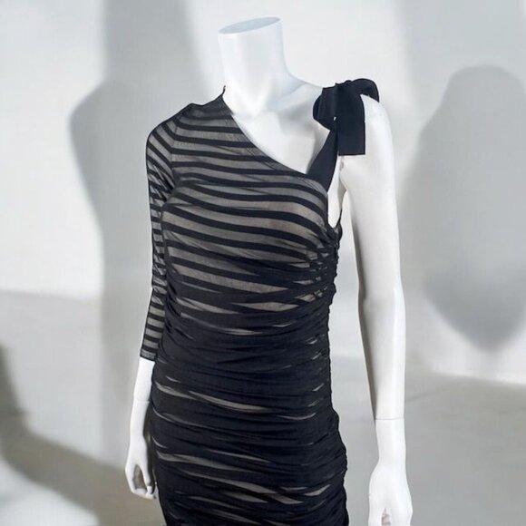 BCBGMaxAzria One Shoulder Striped Mesh Overlay Pencil Dress Black, size Medium - Picture 5 of 16